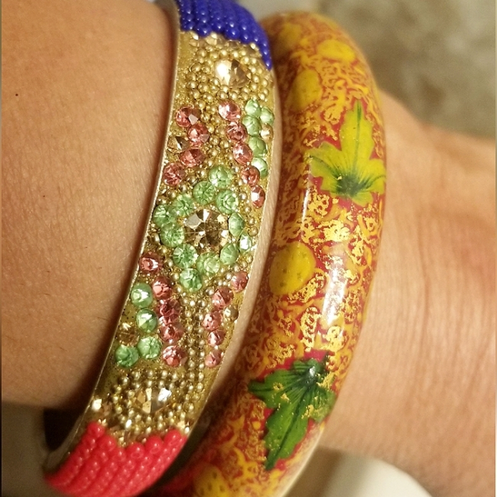 Vintage Bracelet Set Wood Bangle + Rhinestone & Bead Encrusted Bangle